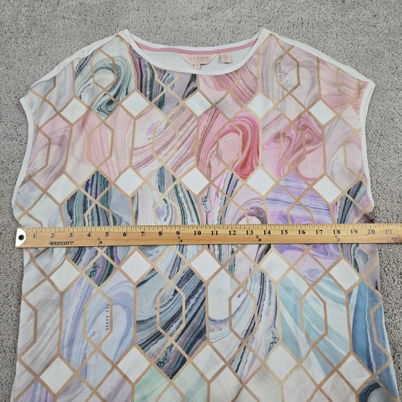 Ted Baker Sea of Clouds Blouse Sz 3 M Short Sleeve Shirt Casual Preppy Luxury - Picture 4 of 10